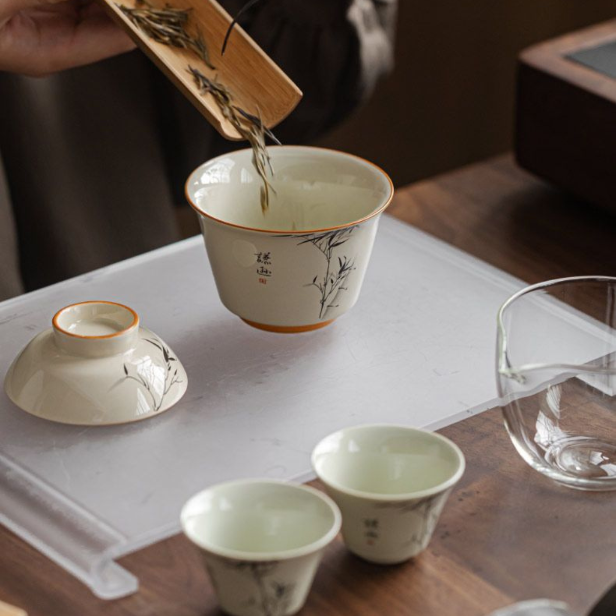 Wood Ash Glaze Ink Bamboo Travel Gaiwan Tea Set