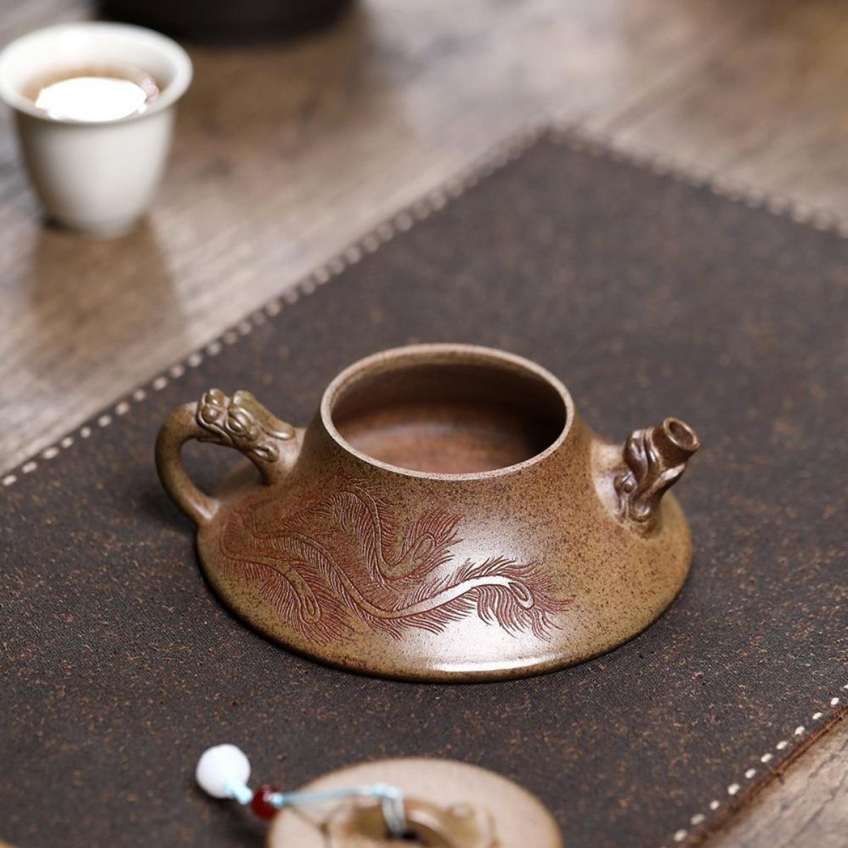 Auspicious Dragon Ladle Yixing Teapot - Cloud Mist Agarwood Clay 180ml