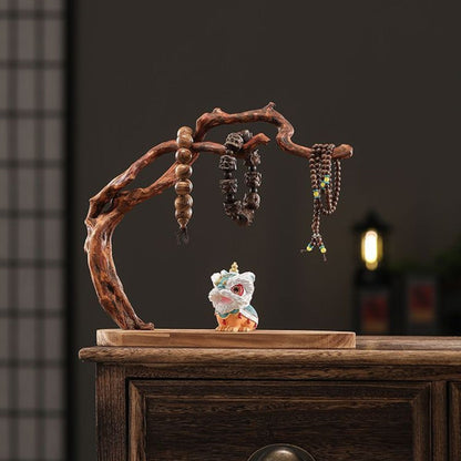 Solid Wood Root Carving Bracelet Display Stand Set – with Lion Figurine & Lotus Incense Holder