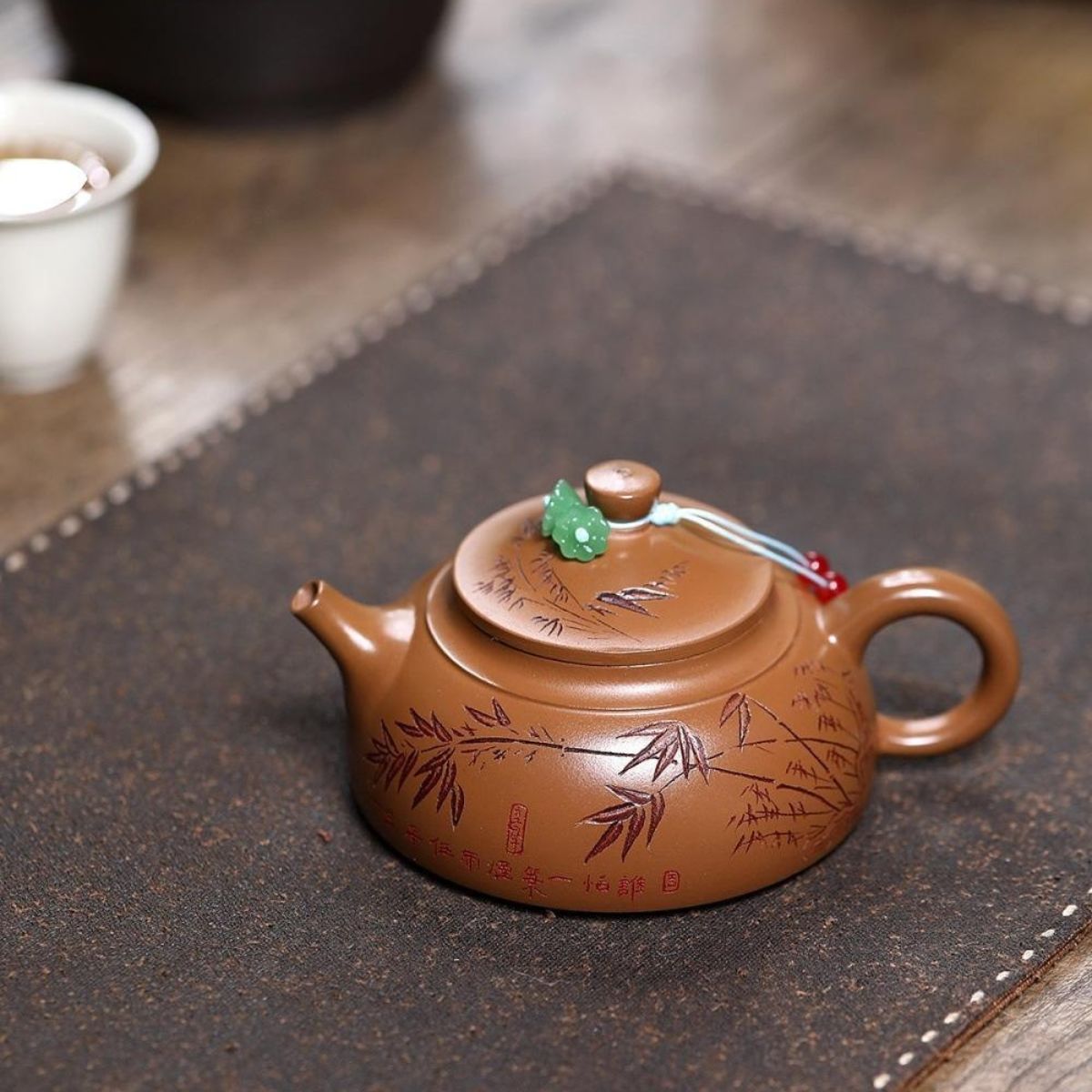 Carved Bamboo Hat Yixing Teapot - Red Gold Zhuni Clay 180ml Premium Gift