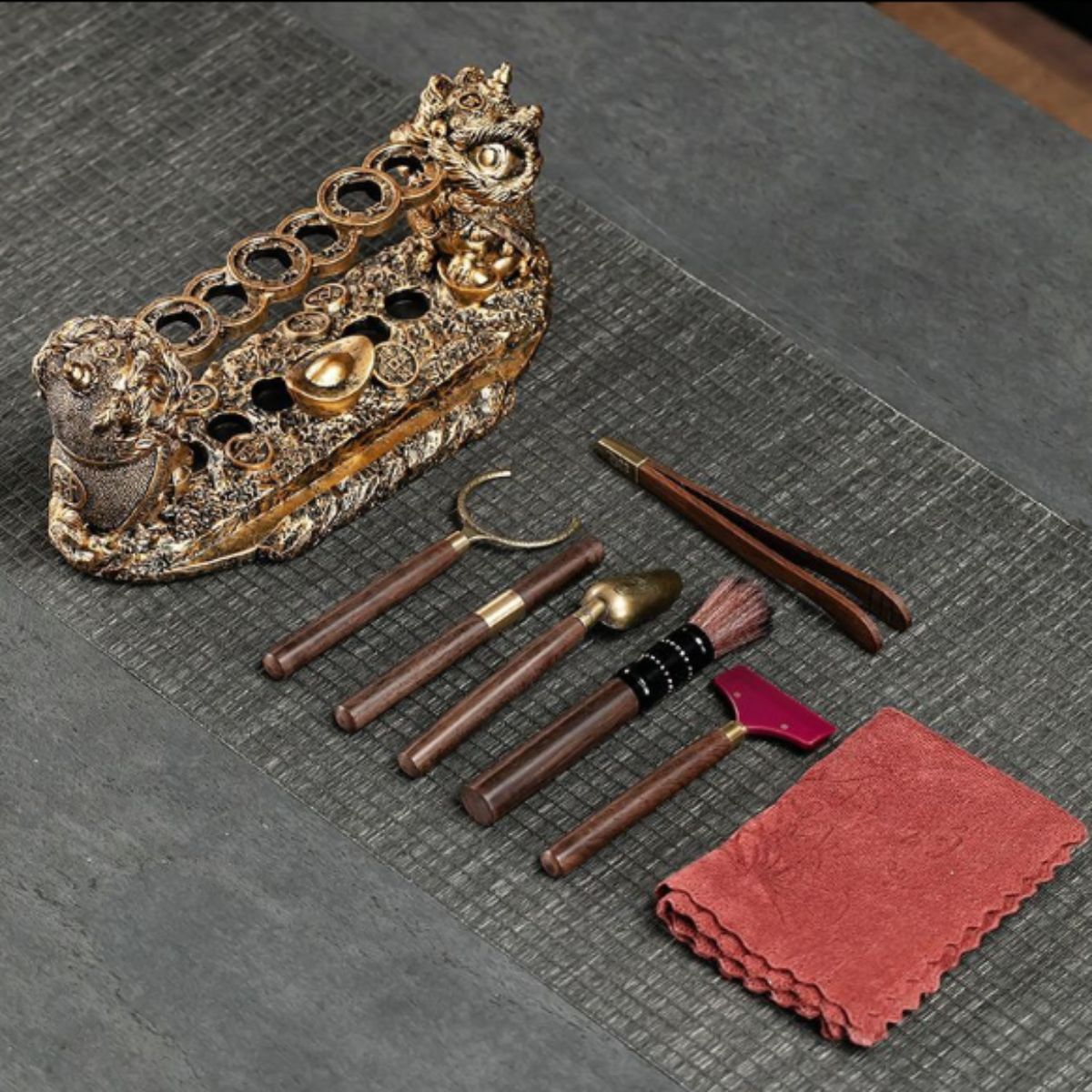 Lion Guardian Tea Ceremony Set - 6-Piece Gongfu Tea Tool Kit with Multi-Function Stand