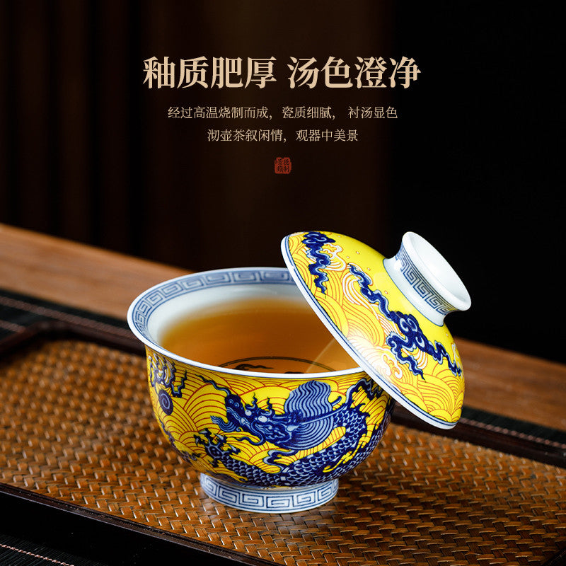 Jingdezhen Imperial Dragon Blue & White Porcelain Gongfu Tea Set – 5-Piece Gift Box | Qicheng Tang