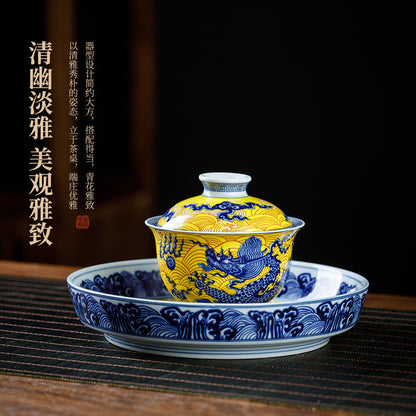 Jingdezhen Imperial Dragon Blue & White Porcelain Gongfu Tea Set – 5-Piece Gift Box | Qicheng Tang