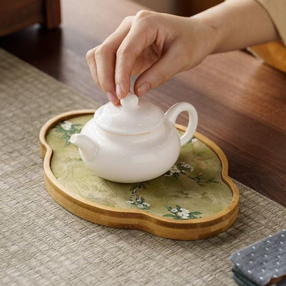 Bamboo Dry Brewing Tea Tray with Embroidered Cloth – 3 Shapes (Gourd / Begonia / Cloud)