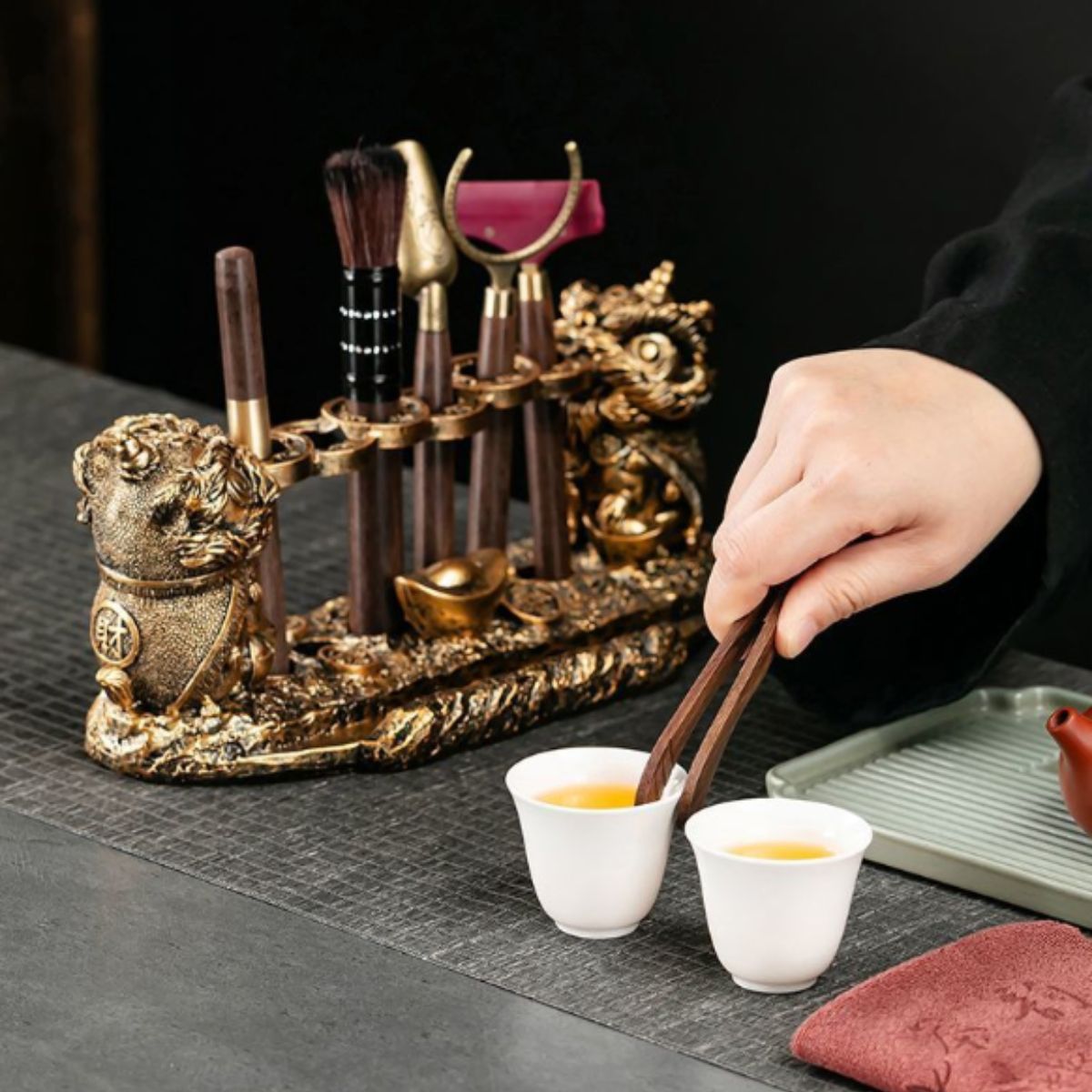 Lion Guardian Tea Ceremony Set - 6-Piece Gongfu Tea Tool Kit with Multi-Function Stand