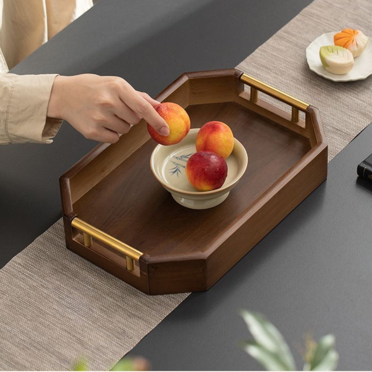 Chestnut Octagonal Serving Tray with Metal Handles – Tea Tray, Pastry Plate & Organizer | 2 Sizes