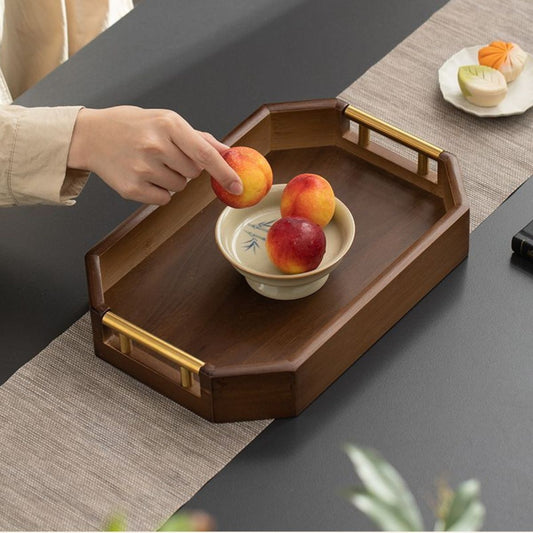 Chestnut Octagonal Serving Tray with Metal Handles – Tea Tray, Pastry Plate & Organizer | 2 Sizes