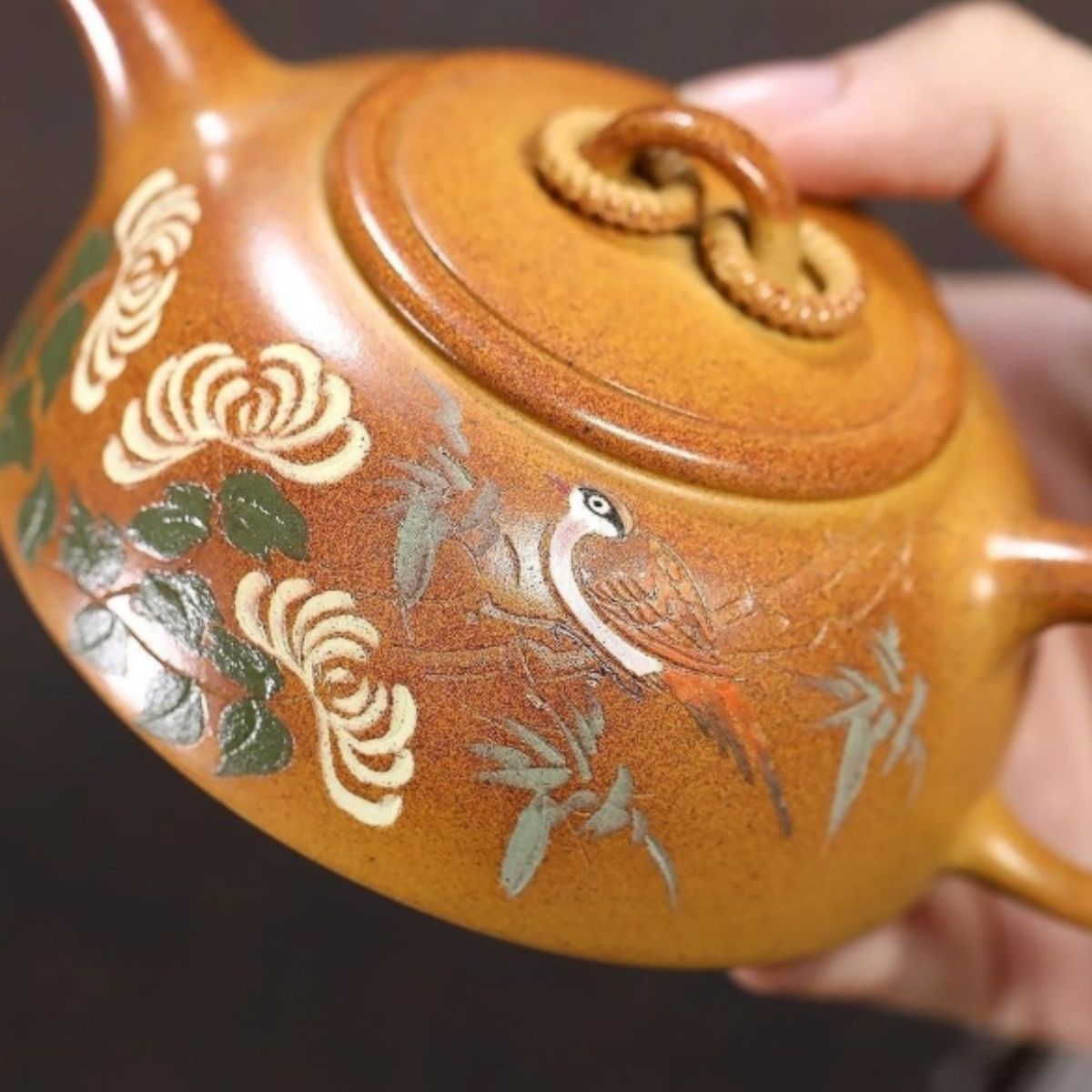 Yixing Purple Clay Teapot "Birds & Flowers Double Ring" 190ml - High-Fired Duan Ni with Clay Painting