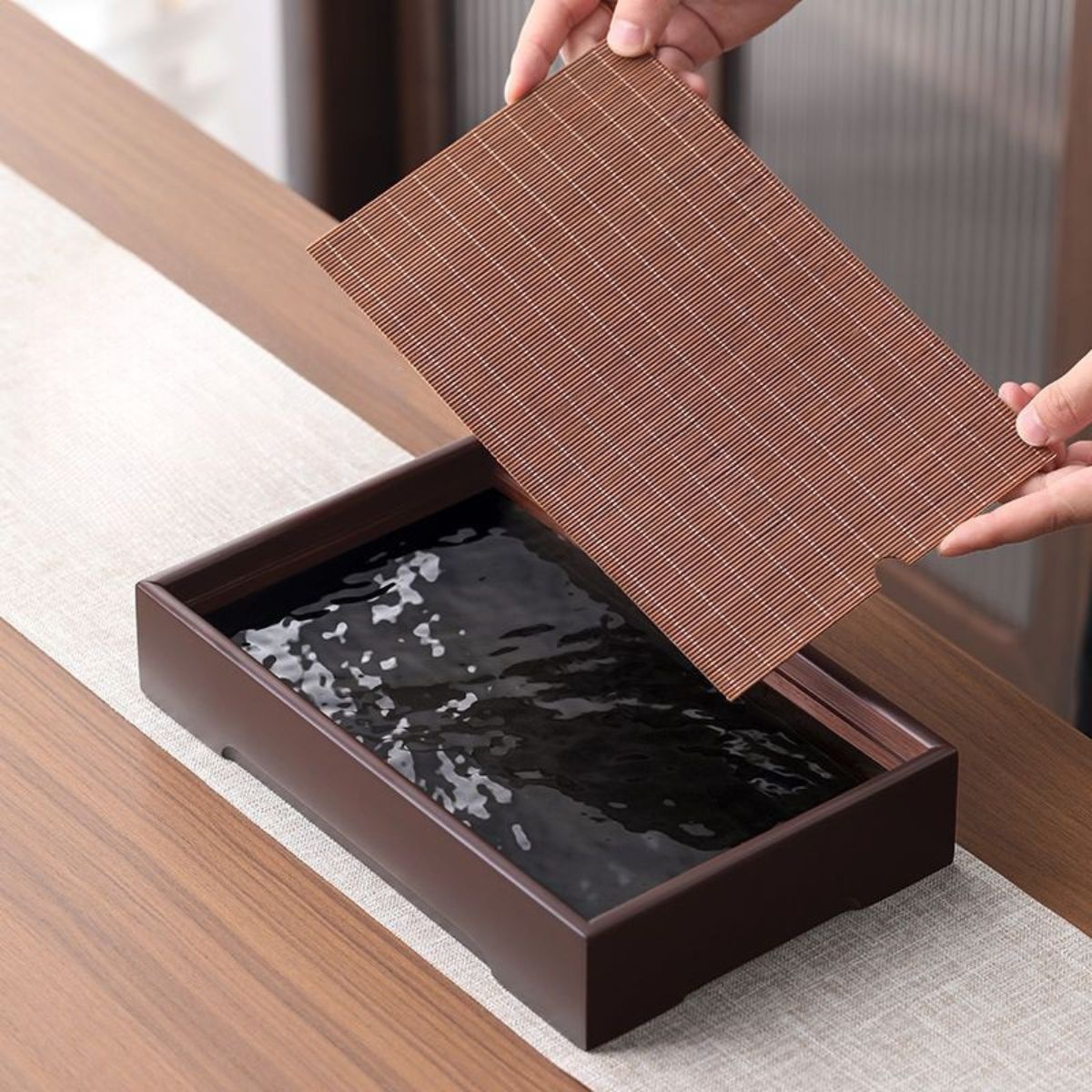 Moso Bamboo Tea Tray with Reversible Mat — Dual-Use Gongfu Tea Board