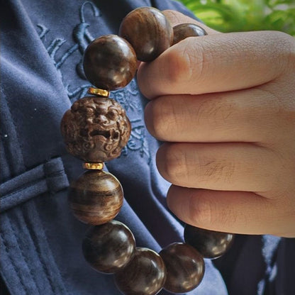 Pixiu Beaded Bracelet in Zitan-Style Wood | Wealth & Protection Talisman