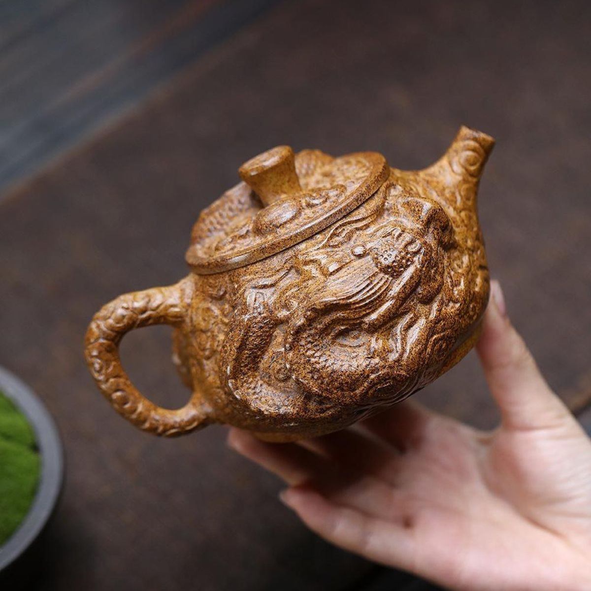 Handmade Yixing Purple Clay Teapot 380ml - Wood-Fired Dragon Bone Gold Sand Coiling Dragon Xi Shi Gongfu Tea Pot