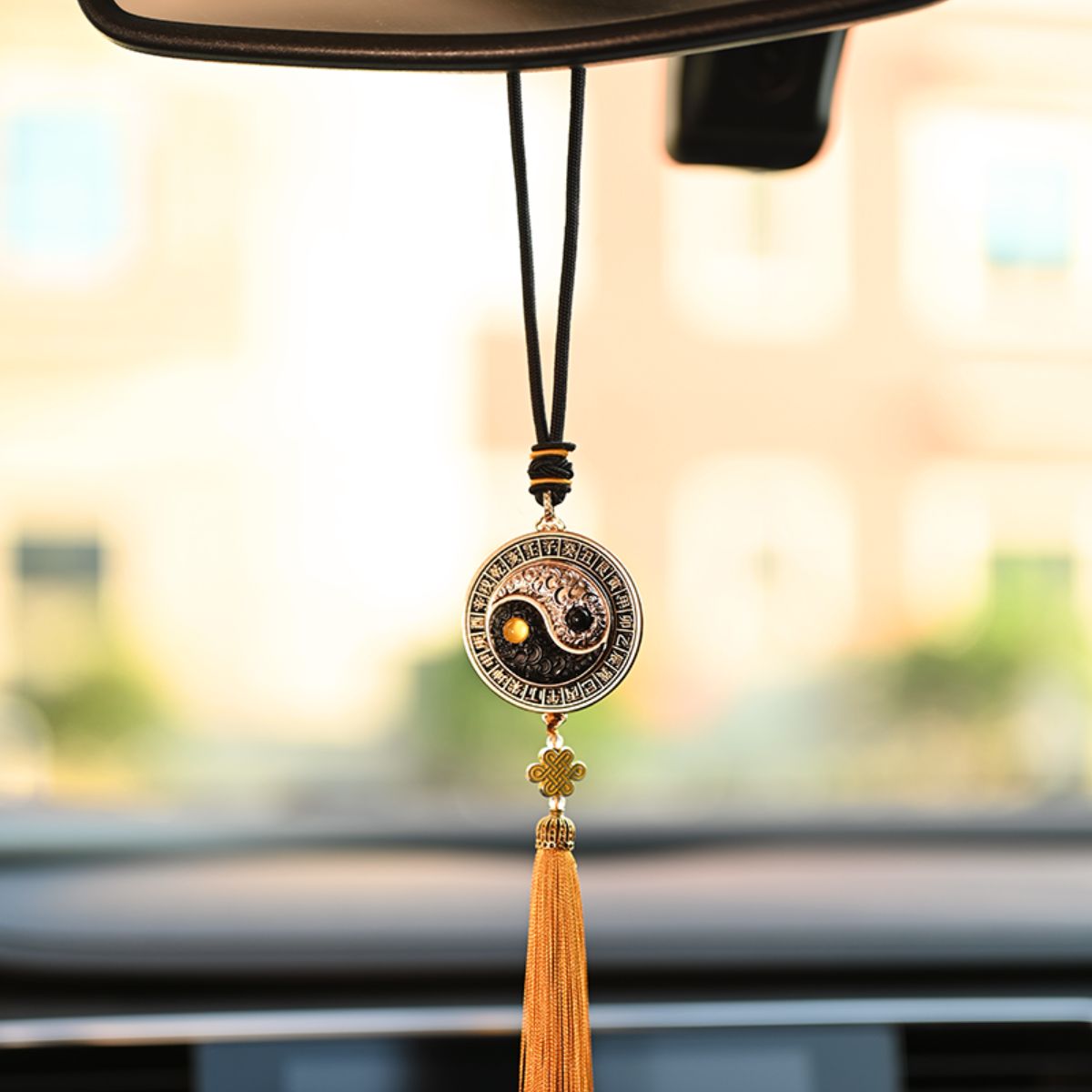 Rotating Bagua Compass Car Charm | Yin-Yang Ruyi Talisman for Safe Travels | Gold & Silver