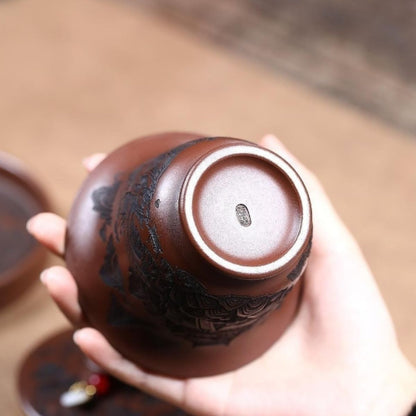Yixing Purple Clay Gaiwan "Mountain View" 200ml - Di Cao Qing Clay Three-Piece Set