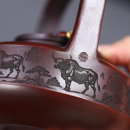 Soaring Bull Spirit Handled Yixing Teapot - Ancient Black Clay 300ml