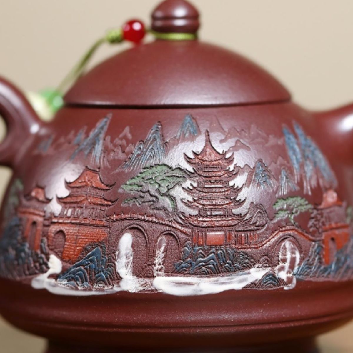 Misty Clouds Ancient Pavilion Yixing Teapot - Stone Red Clay 250ml