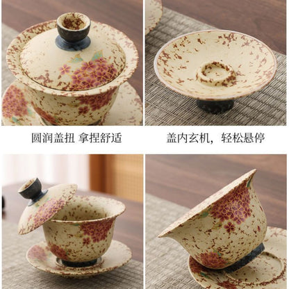 Blue & White Fire Stone Red Hydrangea Gaiwan Tea Set | Kiln-Fired Vintage Ceramic | Gaiwan & 2 Cups