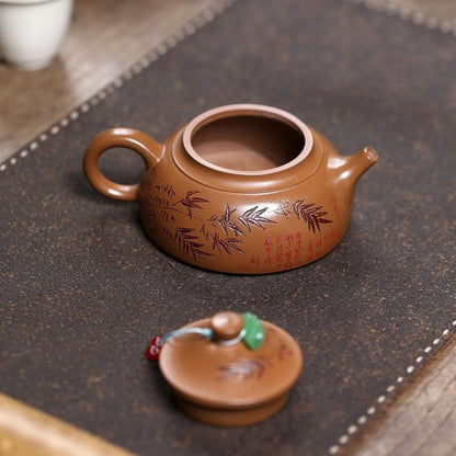 Carved Bamboo Hat Yixing Teapot - Red Gold Zhuni Clay 180ml Premium Gift