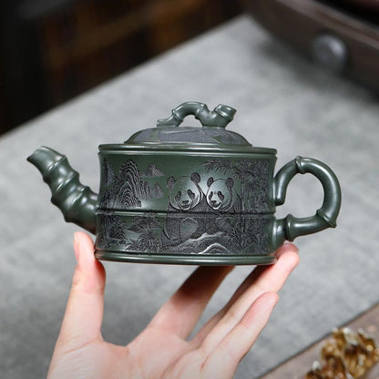 Handmade Yixing Purple Clay Teapot 260ml - Original Dark Green Clay Panda Bamboo Zisha Gongfu Tea Pot