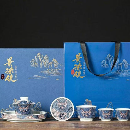 Blue & White Dragon Gaiwan Tea Set | 6-Piece Antique Clay Ceramic Gift Box 135ml