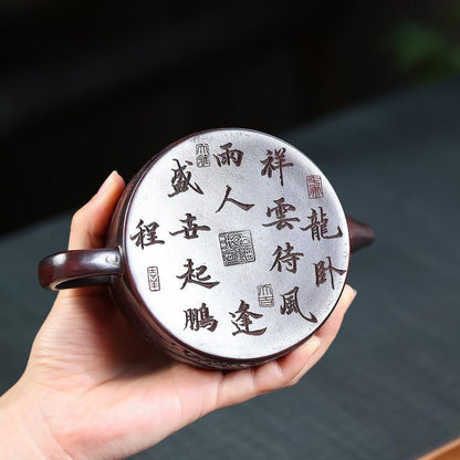 Shuang Long Xi Zhu Yixing Teapot | Raw Gu Wu Ni Ancient Dark Clay | Handcrafted 260ml