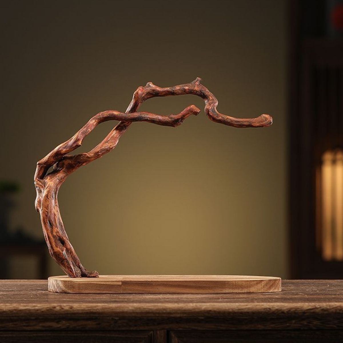 Solid Wood Root Carving Bracelet Display Stand Set – with Lion Figurine & Lotus Incense Holder