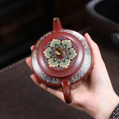 Yixing Purple Clay Teapot "Enamel Zhou Pan" 220ml - Red Dragon Skin Clay with Enamel Painting