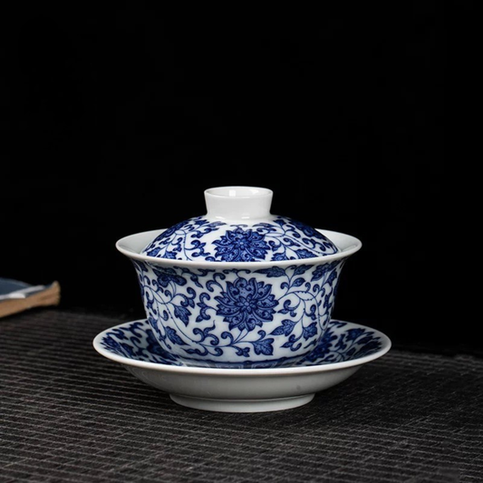 Jingdezhen Blue and White Lotus Scroll Gaiwan Tea Set