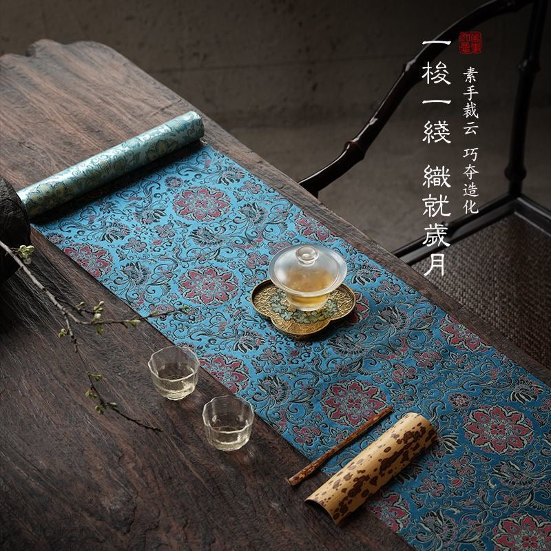Chinese Double-Sided Brocade Lotus Table Runner – Tea Ceremony Cloth | Red & Blue Lotus on Blue (4 Sizes)