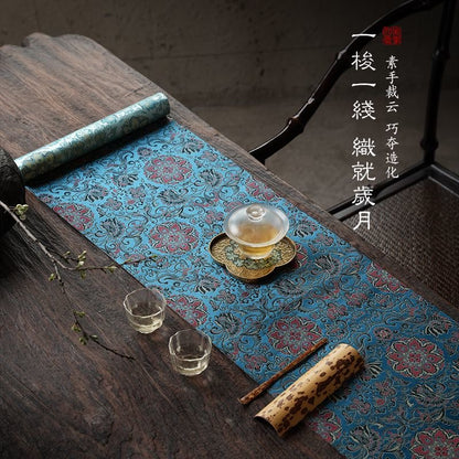 Chinese Double-Sided Brocade Lotus Table Runner – Tea Ceremony Cloth | Red & Blue Lotus on Blue (4 Sizes)