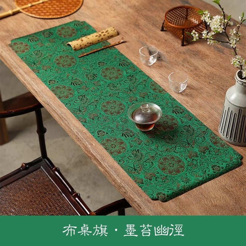 Chinese Double-Sided Brocade Lotus Table Runner – Tea Ceremony Cloth | Deep Green & Lake Blue (4 Sizes)
