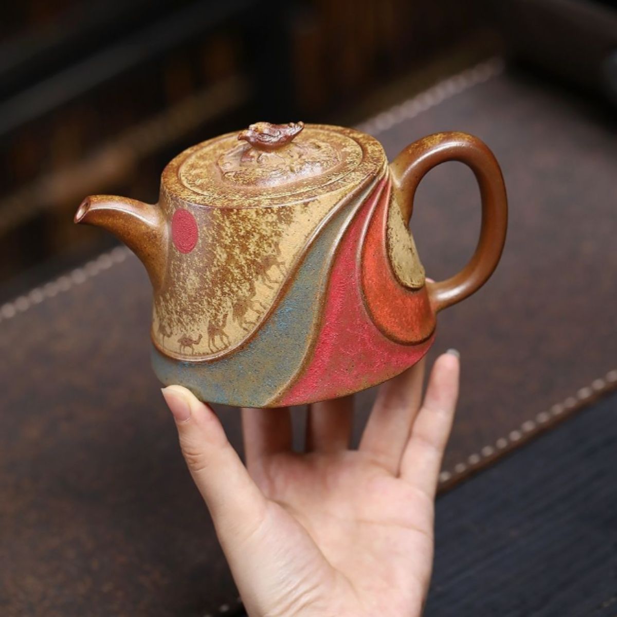 Yixing Zisha Teapot Premium 290ml - Duan Ni Clay Wood-Fired Silk Road Hand-Painted
