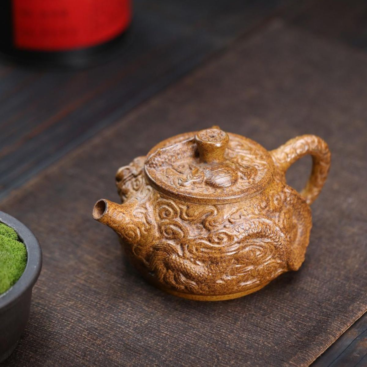 Handmade Yixing Purple Clay Teapot 380ml - Wood-Fired Dragon Bone Gold Sand Coiling Dragon Xi Shi Gongfu Tea Pot