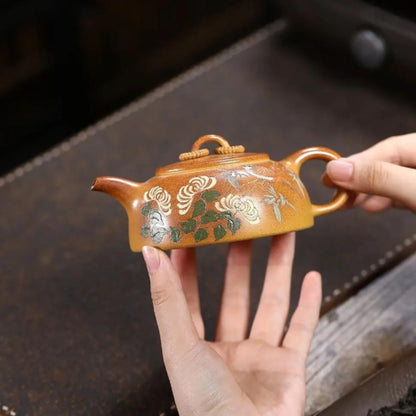Yixing Purple Clay Teapot "Birds & Flowers Double Ring" 190ml - High-Fired Duan Ni with Clay Painting