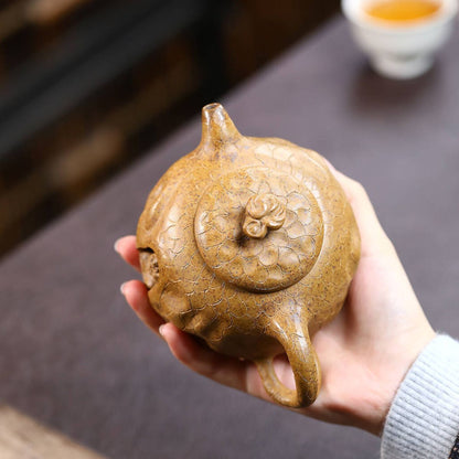 Yixing Zisha Teapot — Damo Gongchun | Original Mine Dragon Bone Gold Sand | Handcrafted 320cc Gongfu Teapot