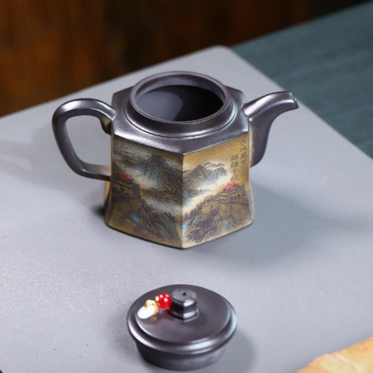 Yixing Purple Clay Teapot "Hexagonal Golden Bell" 320ml - Handmade Zisha Gongfu Tea Pot