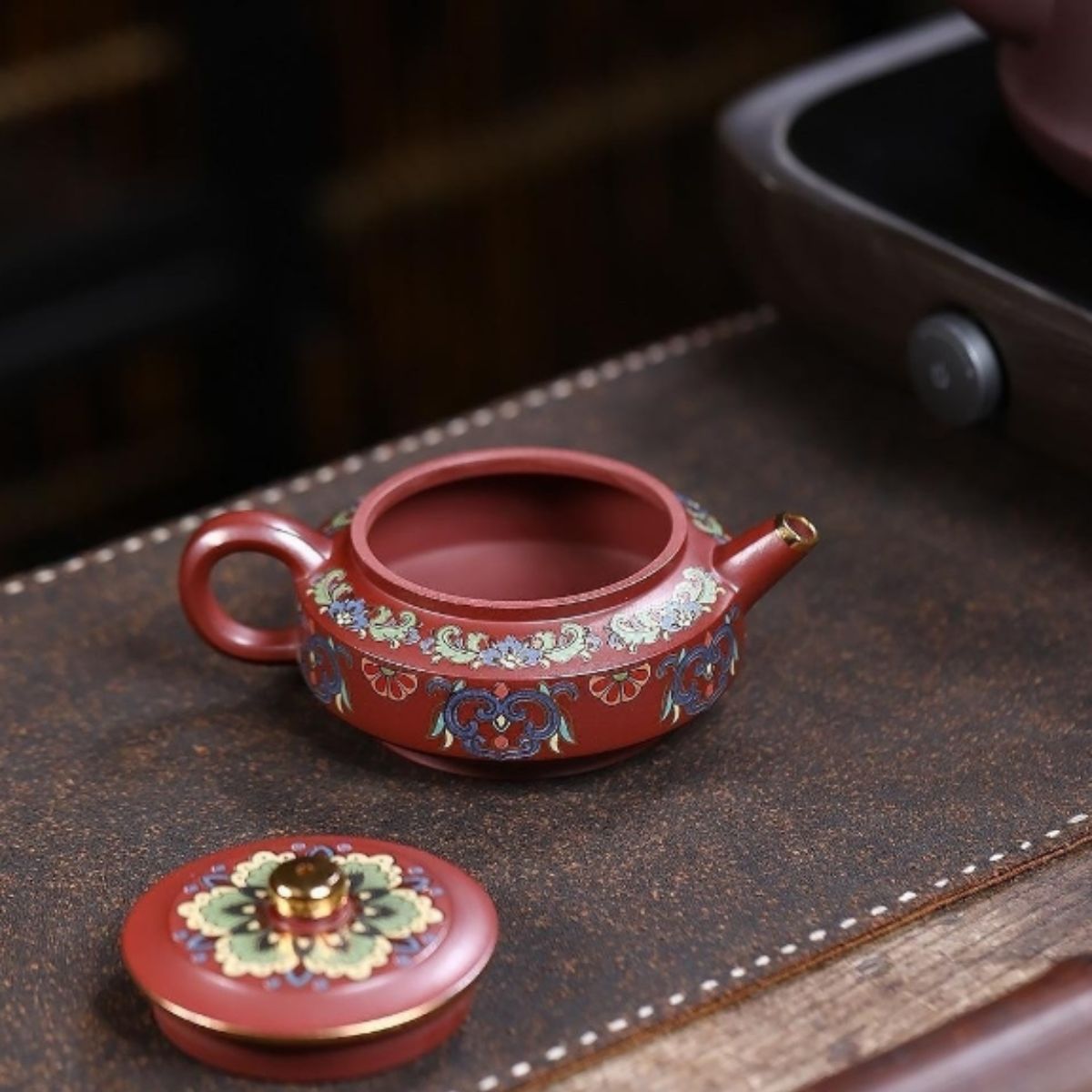Yixing Purple Clay Teapot "Enamel Zhou Pan" 220ml - Red Dragon Skin Clay with Enamel Painting
