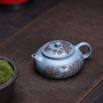 Yixing Zisha Teapot | Royal Blue Duan Ni with Hand-Engraved Peony | 180ml Gongfu Tea Pot