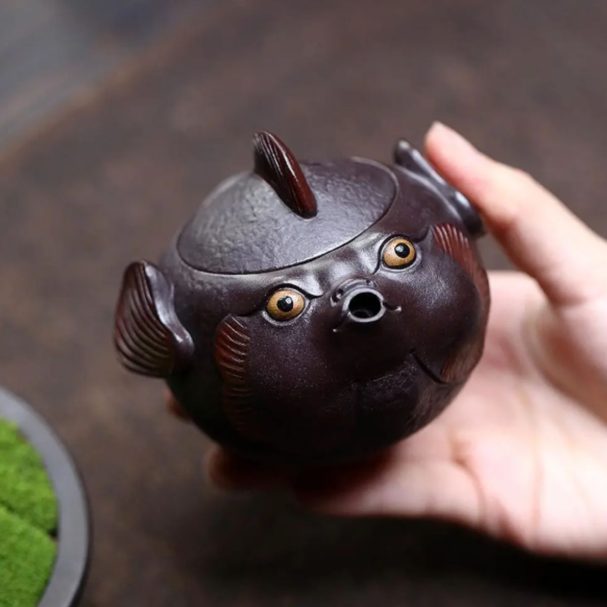 Yixing Purple Clay Teapot "Pouting Fish" 160ml - Handmade Zisha Side Handle