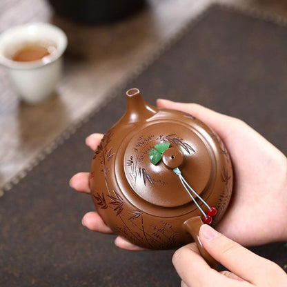 Carved Bamboo Hat Yixing Teapot - Red Gold Zhuni Clay 180ml Premium Gift