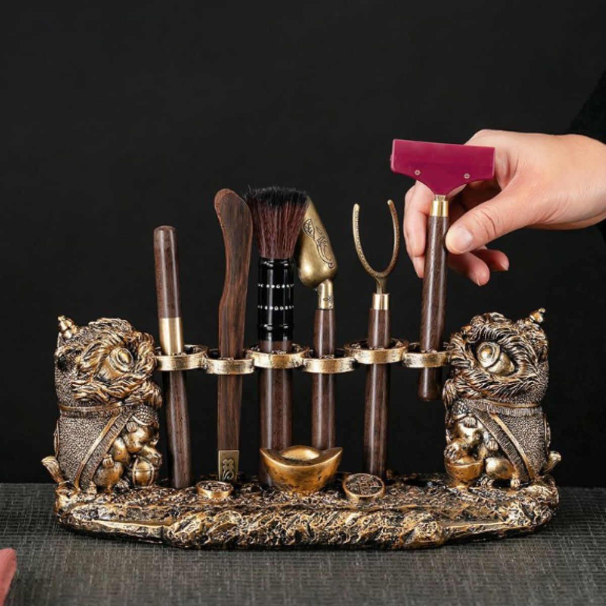 Lion Guardian Tea Ceremony Set - 6-Piece Gongfu Tea Tool Kit with Multi-Function Stand