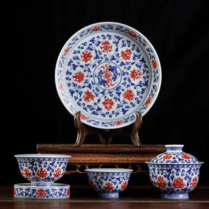 Jingdezhen Underglaze Red Gaiwan Tea Set | 5-Piece Lotus Ceramic Gift Box 150ml