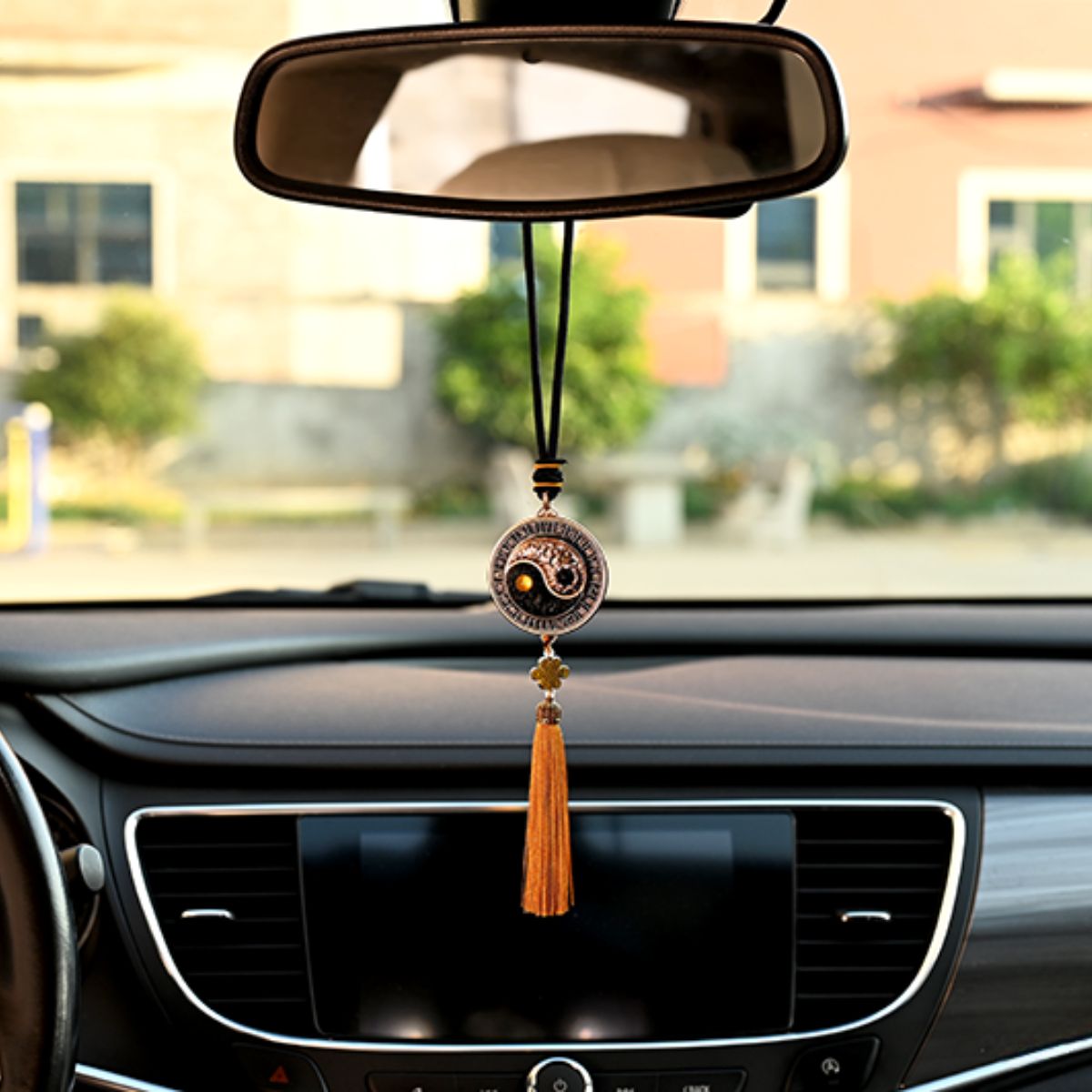 Rotating Bagua Compass Car Charm | Yin-Yang Ruyi Talisman for Safe Travels | Gold & Silver