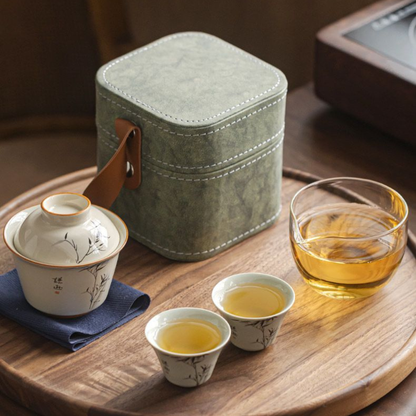 Wood Ash Glaze Ink Bamboo Travel Gaiwan Tea Set