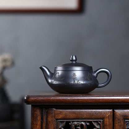 Handmade Yixing Purple Clay Teapot 300ml - Original Shi Huang Clay Landscape Carved Gongfu Tea Pot
