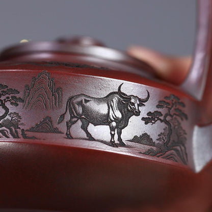 Soaring Bull Spirit Handled Yixing Teapot - Ancient Black Clay 300ml