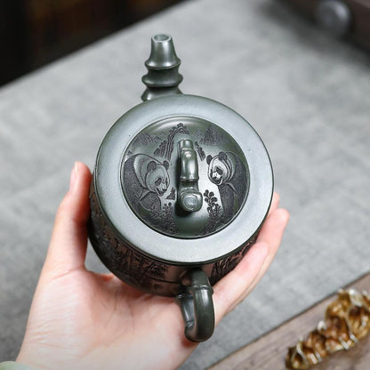Handmade Yixing Purple Clay Teapot 260ml - Original Dark Green Clay Panda Bamboo Zisha Gongfu Tea Pot