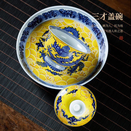 Jingdezhen Imperial Dragon Blue & White Porcelain Gongfu Tea Set – 5-Piece Gift Box | Qicheng Tang