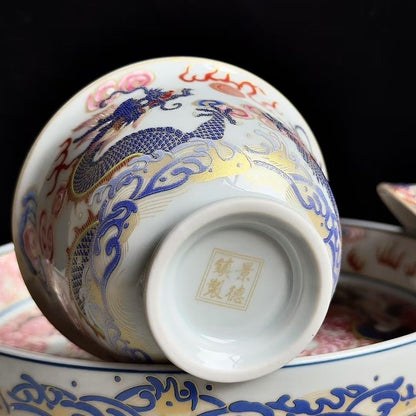 Jingdezhen Famille Rose Twin Dragon & Pearl Gongfu Tea Set – Fencai Porcelain | 5-Piece