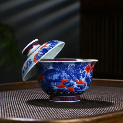 Jingdezhen Blue & White Underglaze Red Jiangnan Landscape Gongfu Tea Set – Master-Painted | Luxury Gift Box | 5-Piece