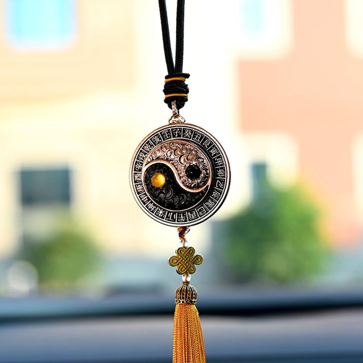 Rotating Bagua Compass Car Charm | Yin-Yang Ruyi Talisman for Safe Travels | Gold & Silver